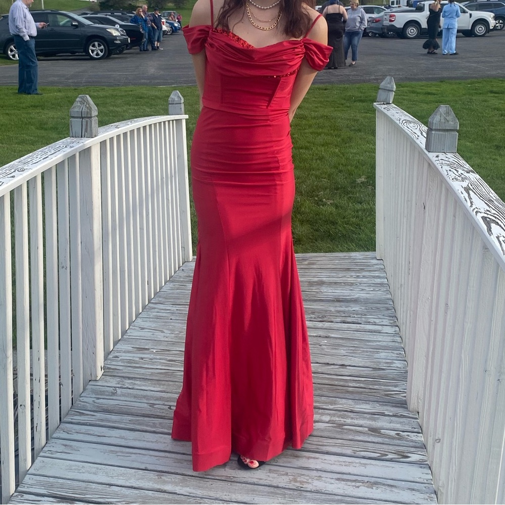 David's Bridal Scarlet Off-Shoulder Gown